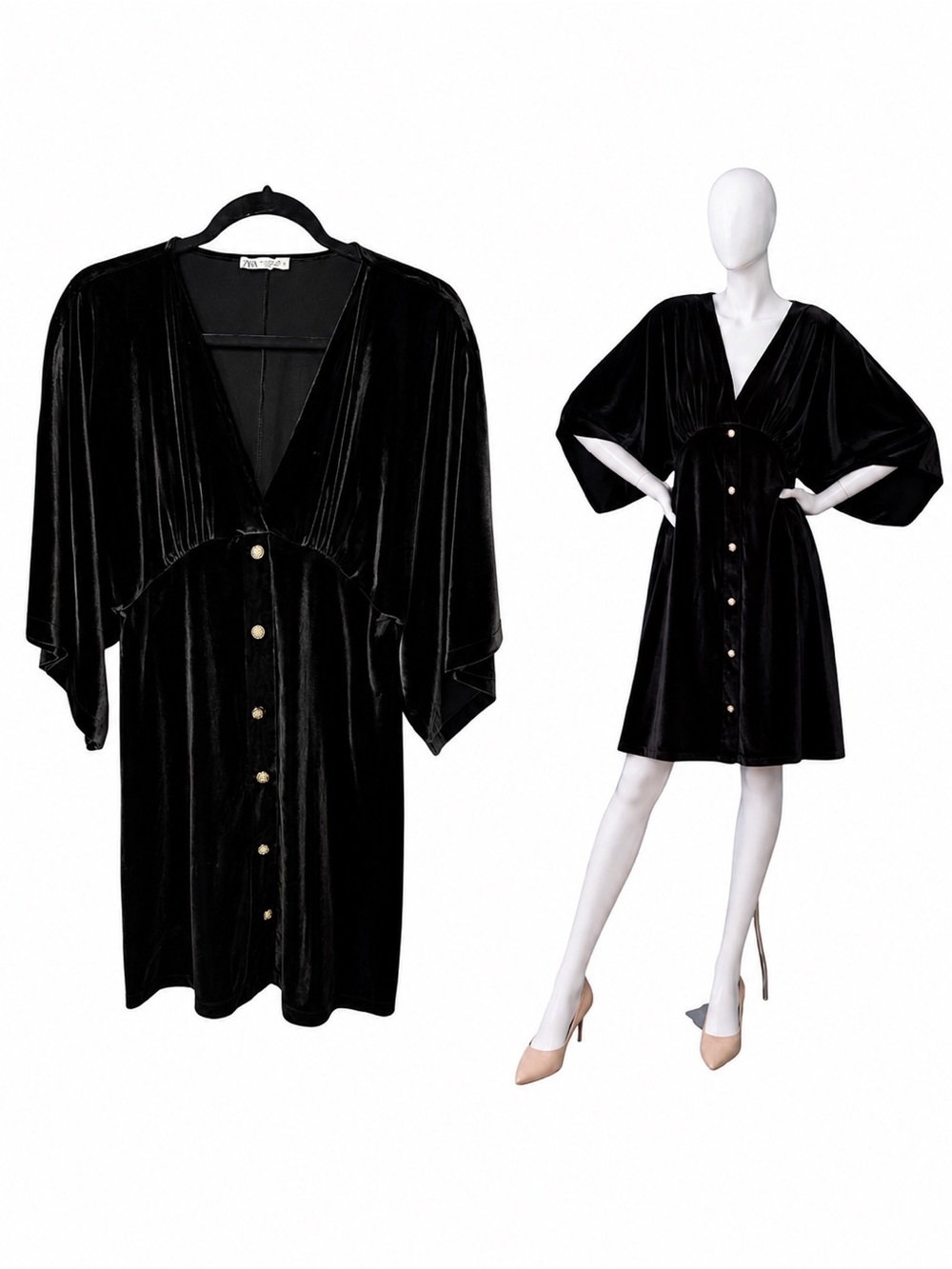 Zara Black Velvet Kimono Sleeve Button Front Mini Dress Medium